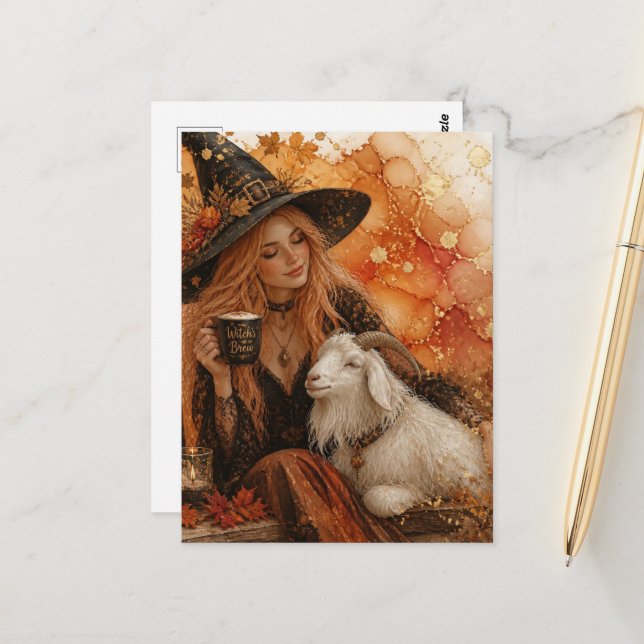 Gorgeous Autumn Witch and a White Goat Postcard (Front/Back In Situ)