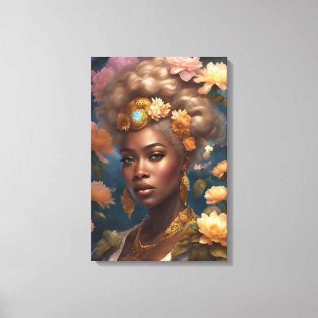 Gorgeous Black Woman in a Flower Garden Canvas Print (Front)