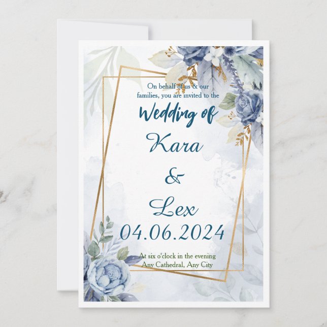 Gorgeous Blue Flowers with Gold Accent Framing  Invitation (Front)