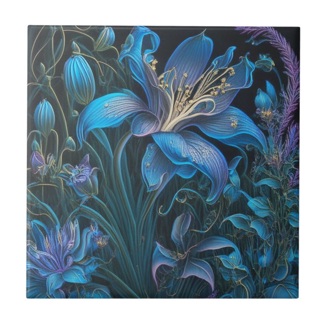 Gorgeous Blue Lily Floral Ceramic Tile (Front)