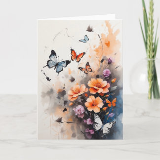Gorgeous Blue Orange Butterflies Florals Blank Card