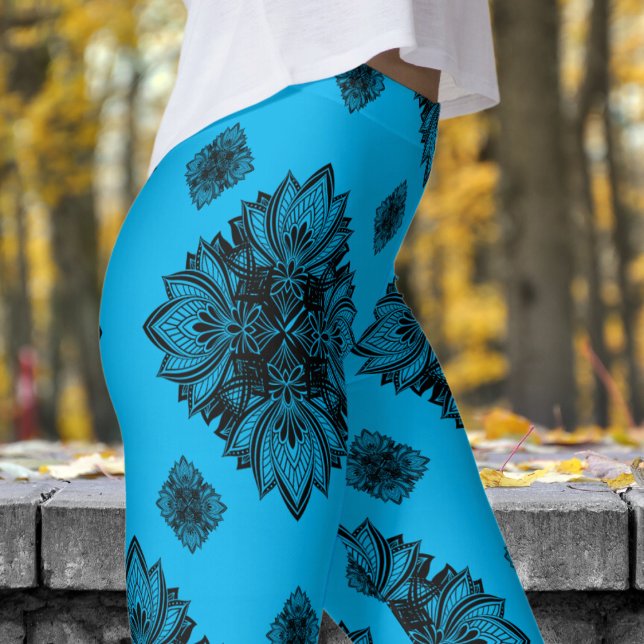 Gorgeous Blue Sky Mandela Pattern Leggings (Mandela on Deep Sky Blue)