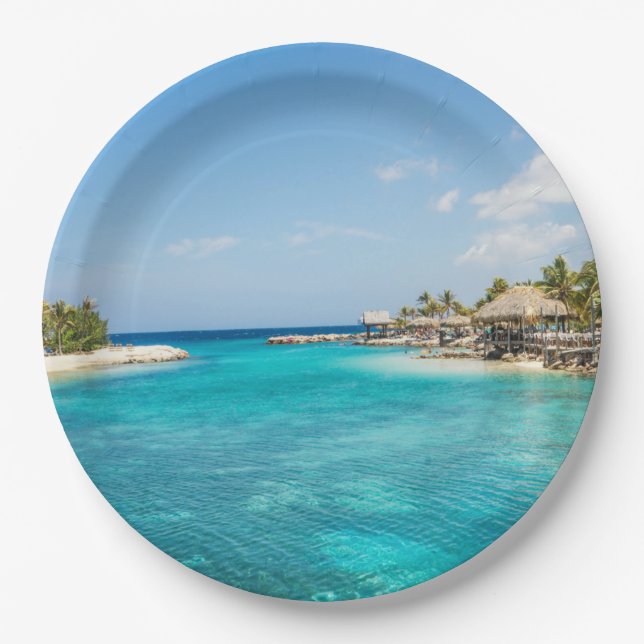 Gorgeous Blue Tropical Beach with Thatched Huts Paper Plate (Front)