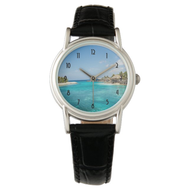 Gorgeous Blue Tropical Beach with Thatched Huts Watch (Front)