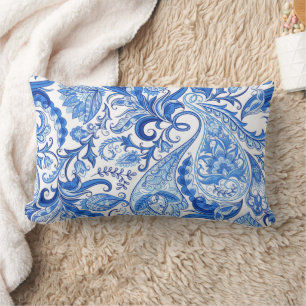Gorgeous Blue White Floral Paisley Art Pattern Lumbar Cushion