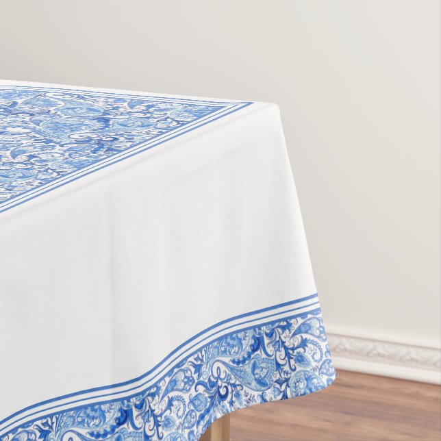 Gorgeous Blue White Floral Paisley Art Pattern Tablecloth (In Situ)