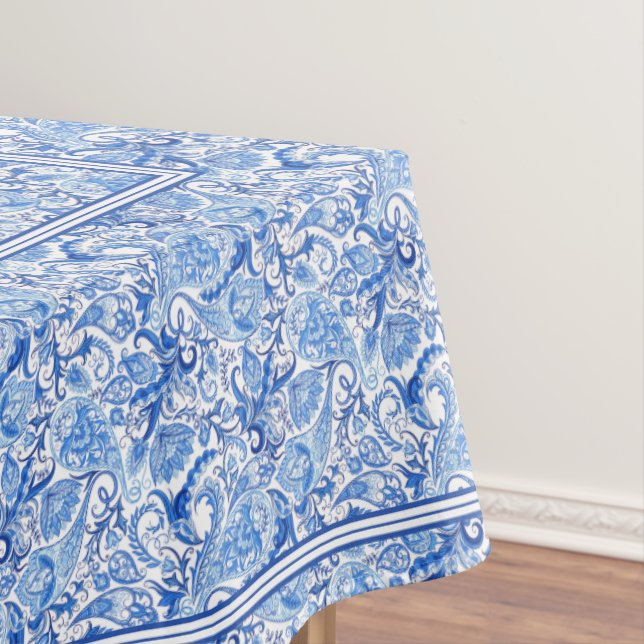 Gorgeous Blue White Floral Paisley Art Pattern Tablecloth (In Situ)