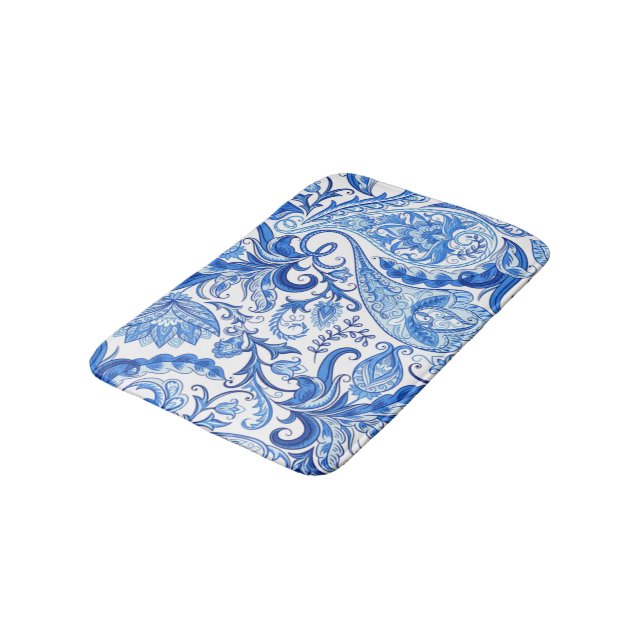 Gorgeous Blue White Floral Paisley Pattern Bath Mat (Angled)