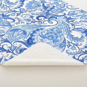 Gorgeous Blue White Floral Paisley Pattern Sherpa Blanket