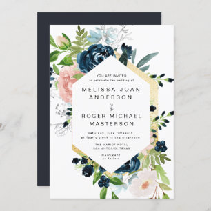 gorgeous blues gold floral Wedding Invitation