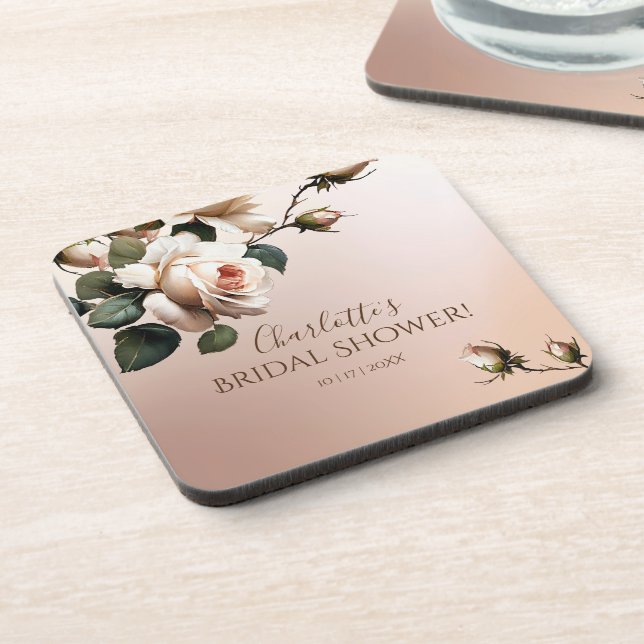 Gorgeous Blush Beige Oil Rose Bridal Shower Coaster (Left Side)