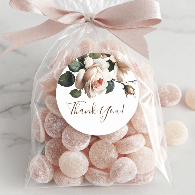 Gorgeous Blush Beige Oil Rose Wedding Thank You Classic Round Sticker (Gorgeous Blush Beige Oil Rose Wedding Thank You Classic Round Sticker)