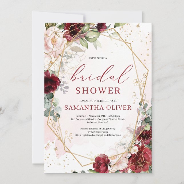 Gorgeous blush burgundy floral gold Bridal Shower Invitation (Front)