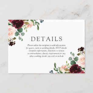 Gorgeous Blush & Burgundy Flowers Elegant Wedding Enclosure Card