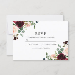 Gorgeous Blush & Burgundy Flowers Elegant Wedding RSVP Card