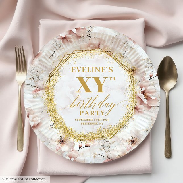Gorgeous Blush Floral Gold Birthday Paper Plates (Gorgeous Blush Floral Gold Birthday Paper Plates)