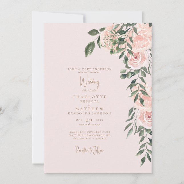 Gorgeous Blush Floral Gold Text Blush Wedding  Invitation (Front)