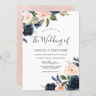 Gorgeous Blush & Navy Flowers Elegant Wedding Invitation