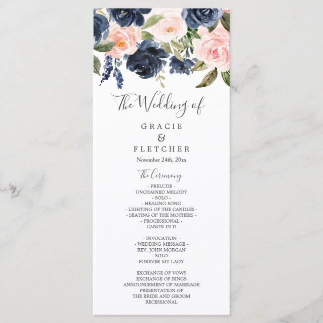 Gorgeous Blush & Navy Flowers Wedding Programme (Front)