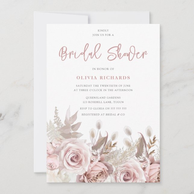 Gorgeous Blush Roses Floral Bridal Shower Invitation (Front)