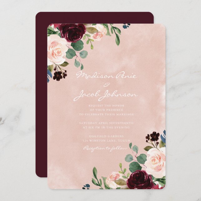 Gorgeous Blush Watercolor Burgundy Red Wedding Invitation (Front/Back)