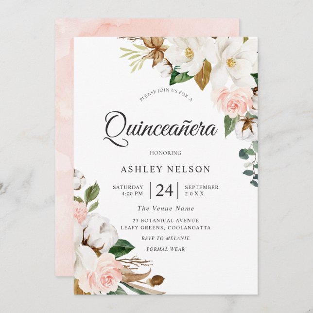 Gorgeous Blush & White Flowers Quinceanera Invitation (Front/Back)