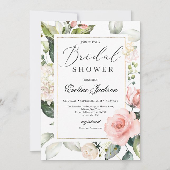 Gorgeous Boho blush floral greenery Bridal Shower Invitation (Front)