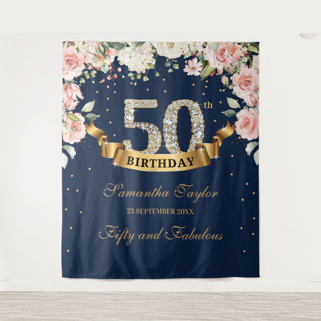 Gorgeous boho navy and blush pink floral birthday tapestry (Front)
