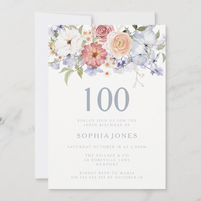 Gorgeous Botanical Floral 100th Birthday Party Invitation (Front)