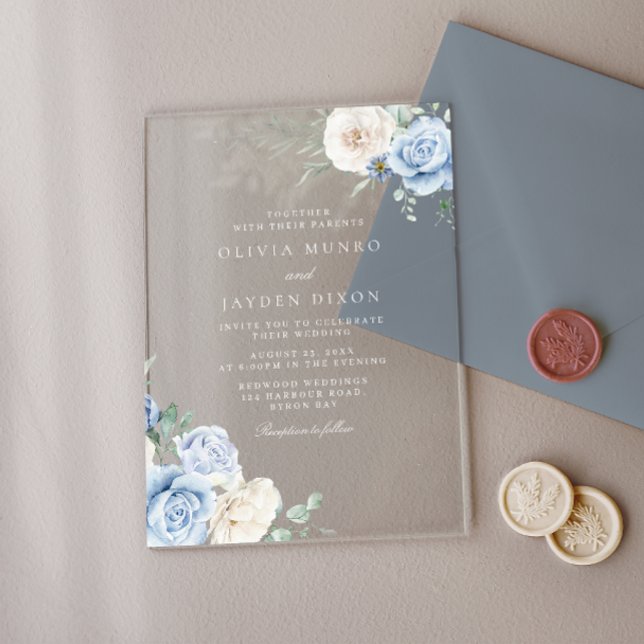 Gorgeous Botanical White & Blue Floral Wedding Acrylic Invitations (Creator Uploaded)