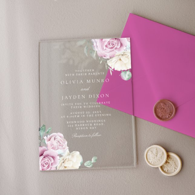 Gorgeous Botanical White & Blush Floral Wedding Acrylic Invitations (Creator Uploaded)