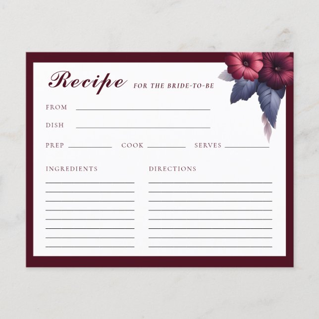Gorgeous Burgundy Floral Bridal Shower Recipe Card (Front)