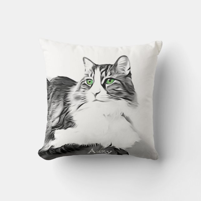 Gorgeous cat with green eyes stylised hand painted cushion (Front)