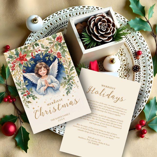Gorgeous Chic Christmas Angel Flowers Victorian  Holiday Card (Classic Gorgeous Chic Christmas Brown Hair Angel with Flowers Victorian-Themed Inspired Holidays.)