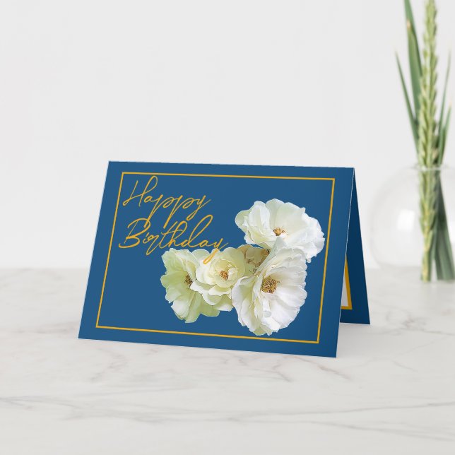 Gorgeous Chic White Rose Floral Bouquet Birthday Card (Front)