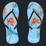 Gorgeous Chinoiserie Orange & Blue Wedding  Jandals<br><div class="desc">It's gorgeous, isn't it? This desirable pair of flip flops features vintage luxury chinoiserie pattern of lotus flowers against the bright blue background, and changeable typography "Just Married". Show off your new Mrs. status with these stunning and comfortable bridal slides! ♥Customise it with your wording by using the template fields....</div>