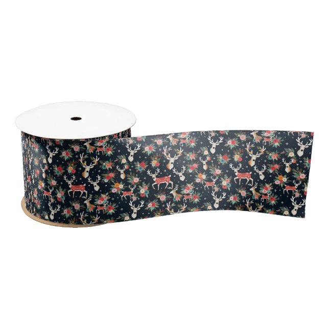 Gorgeous Christmas Reindeer Floral Satin Ribbon (Spool)