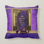 Gorgeous Classic Arch Columns Violet Drapes Gold Cushion<br><div class="desc">Gorgeous ancient arch and columns decorated with dramatic drapes in royal indigo and gold. A stylised pomegranate, the apple of love during mediaeval times, awaits your personalisation. Enjoy the rich textures and deep colours of this dramatic purple and gold design. Customise the bejeweled amethyst pomegranate with your name and initial....</div>