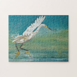 Gorgeous Coastal Egret Shore Bird Painting Jigsaw Puzzle