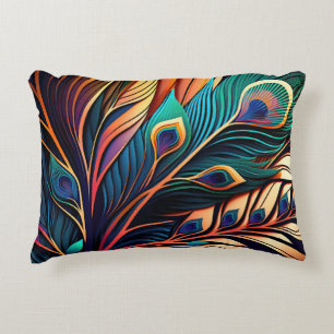 Gorgeous Colorful Peacock, Art Deco Style Decorative Cushion
