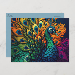 Gorgeous Colorful Peacock, Art Deco Style Postcard