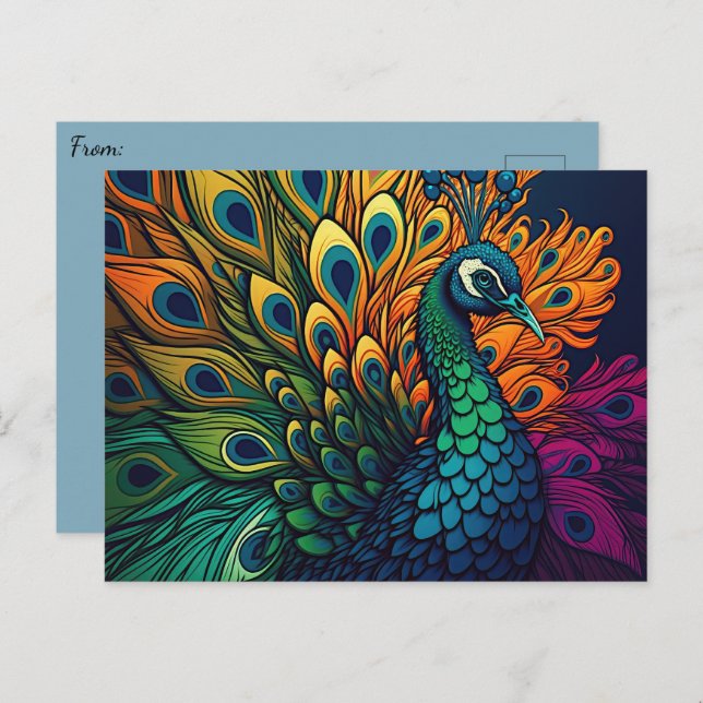 Gorgeous Colorful Peacock, Art Deco Style Postcard (Front/Back)