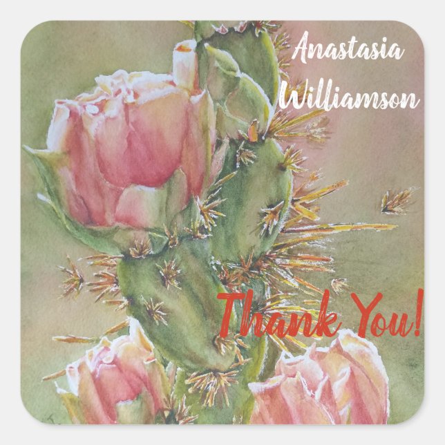 GORGEOUS CORAL PEAR CACTUS FLOWERS THANK YOU SQUARE STICKER (Front)