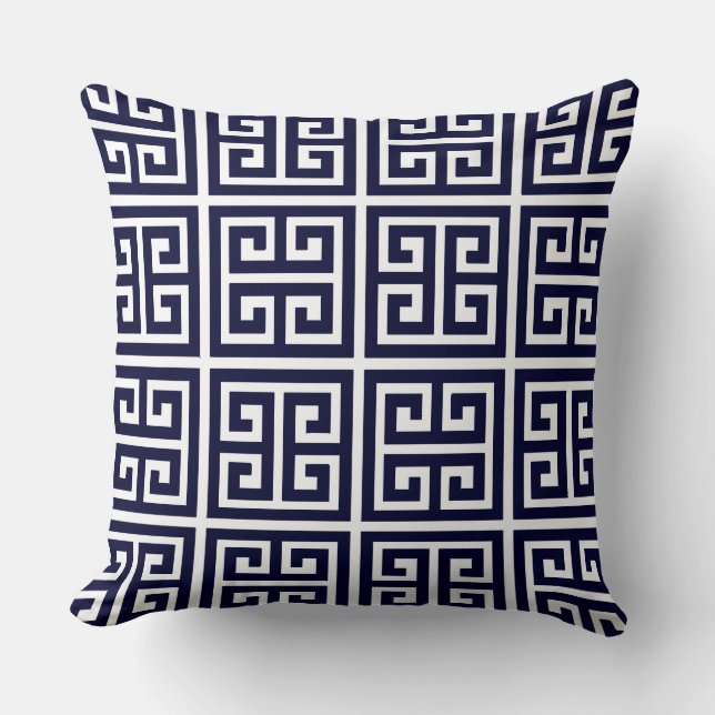 Gorgeous Deep Blue and White Greek Key Pattern Cushion (Front)