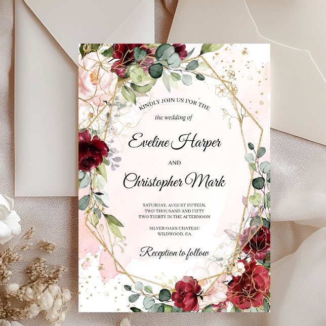 Gorgeous deep red merlot gold geometric wedding invitation (Boho blush burgundy pink and gold geometric wedding invitation )