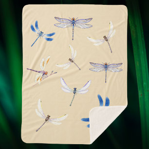 Gorgeous Dragonflies in Flight on Light Tan Sherpa Blanket
