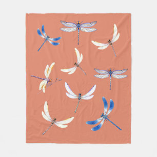 Gorgeous Dragonflies in Flight on Terra Cotta Fleece Blanket