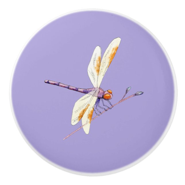 Gorgeous Dragonfly on Branch on Purple Ceramic Knob (Front)