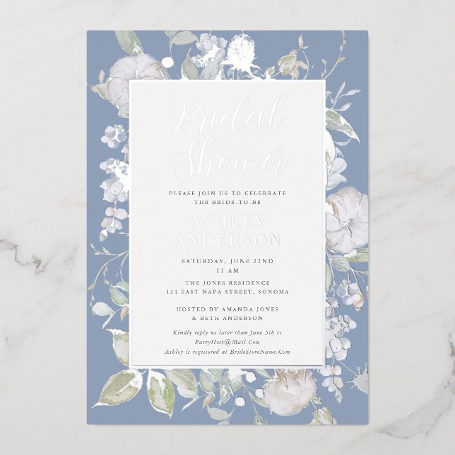 Gorgeous Dusty Blue Botanical Bridal Shower Silver (Front)