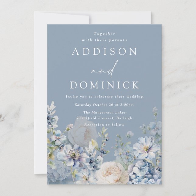 Gorgeous Dusty Blue Flowers Elegant Wedding Invitation (Front)